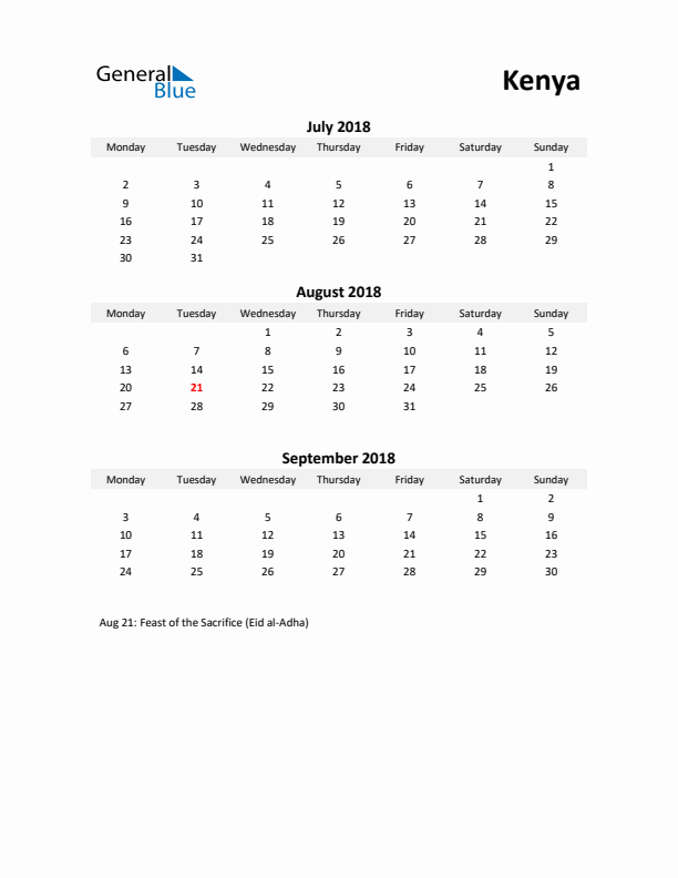 Printable Quarterly Calendar with Notes and Kenya Holidays- Q3 of 2018