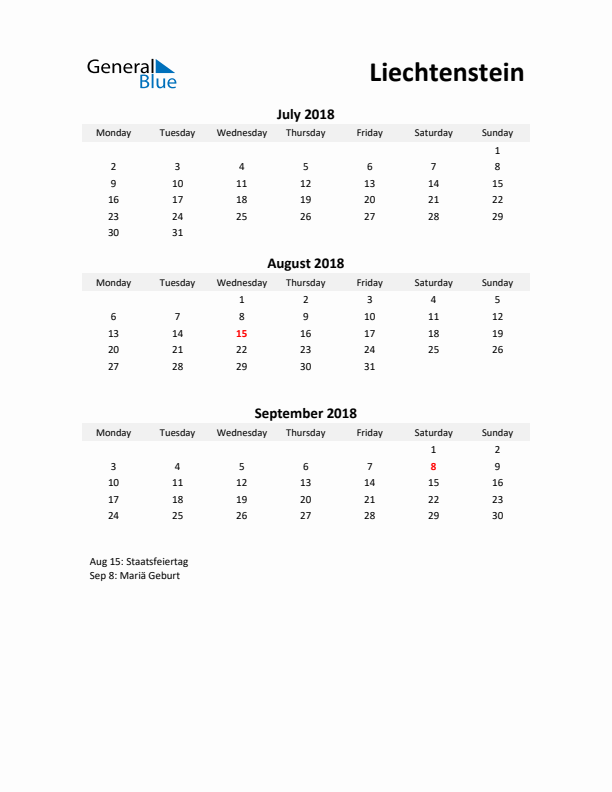 Printable Quarterly Calendar with Notes and Liechtenstein Holidays- Q3 of 2018