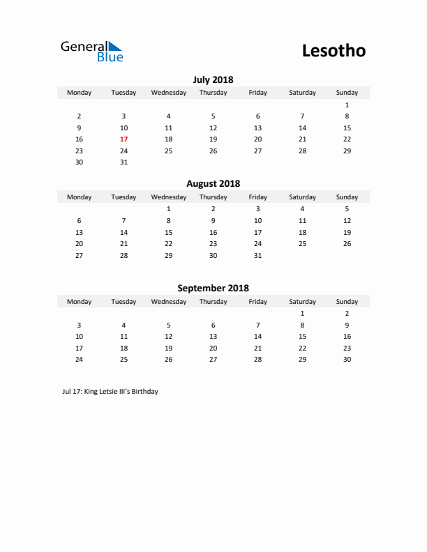 Printable Quarterly Calendar with Notes and Lesotho Holidays- Q3 of 2018