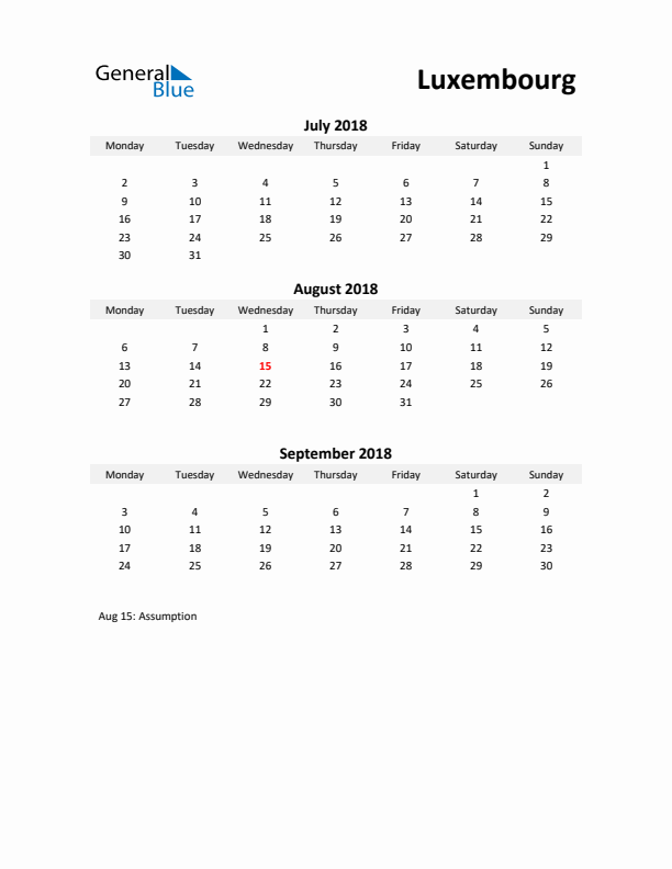 Printable Quarterly Calendar with Notes and Luxembourg Holidays- Q3 of 2018