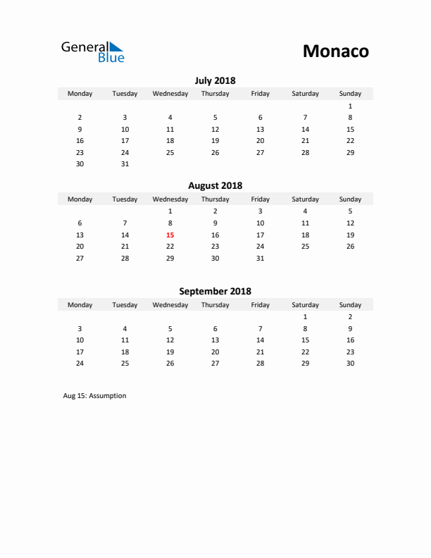 Printable Quarterly Calendar with Notes and Monaco Holidays- Q3 of 2018