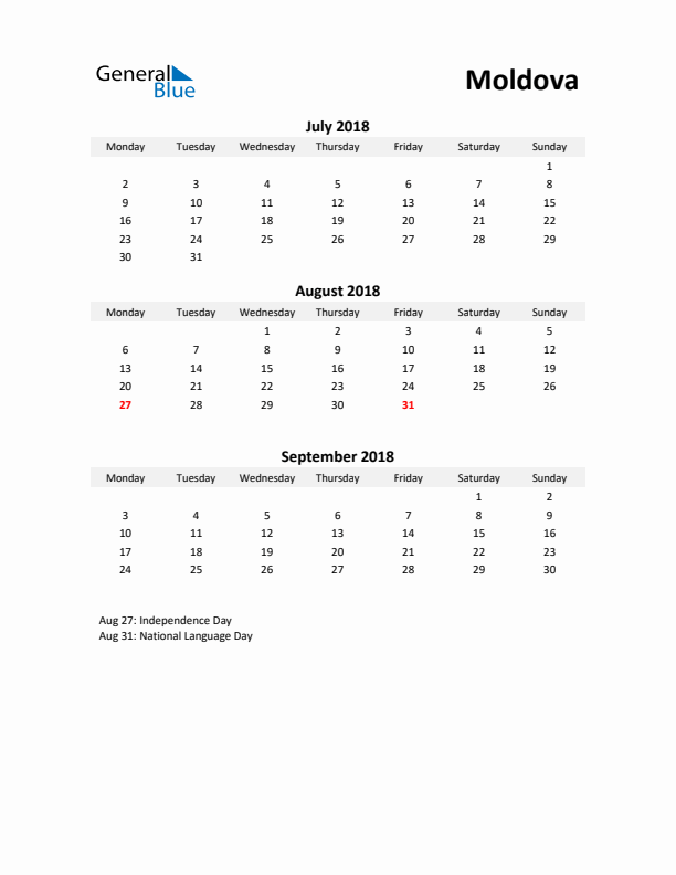 Printable Quarterly Calendar with Notes and Moldova Holidays- Q3 of 2018