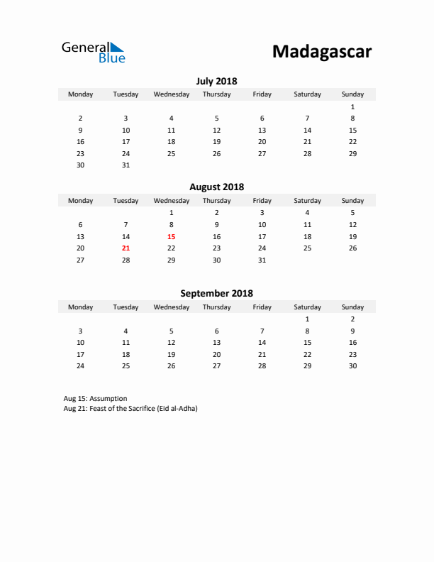 Printable Quarterly Calendar with Notes and Madagascar Holidays- Q3 of 2018