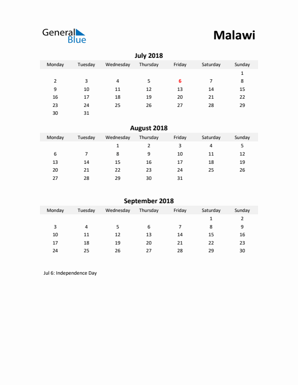 Printable Quarterly Calendar with Notes and Malawi Holidays- Q3 of 2018