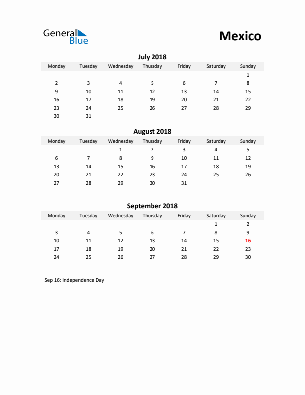 Printable Quarterly Calendar with Notes and Mexico Holidays- Q3 of 2018