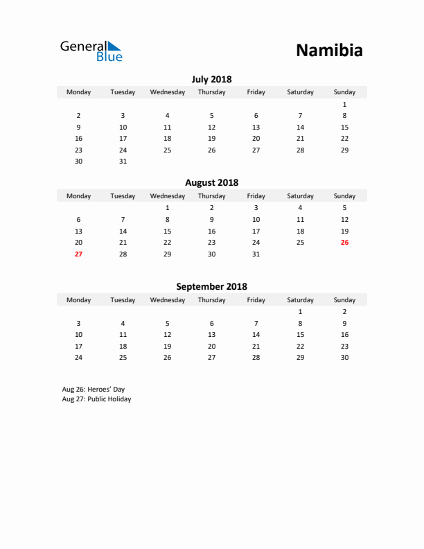 Printable Quarterly Calendar with Notes and Namibia Holidays- Q3 of 2018