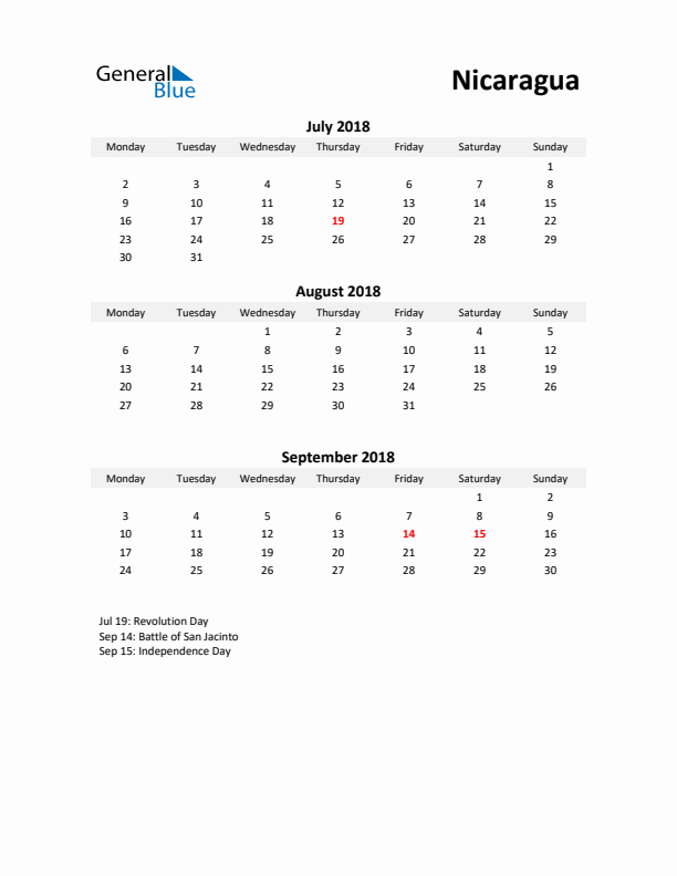 Printable Quarterly Calendar with Notes and Nicaragua Holidays- Q3 of 2018