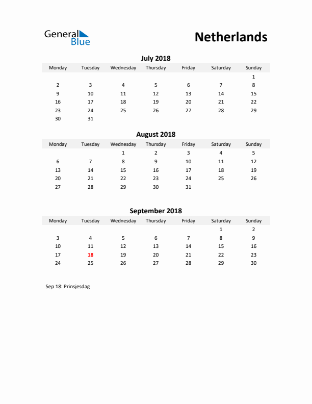 Printable Quarterly Calendar with Notes and The Netherlands Holidays- Q3 of 2018