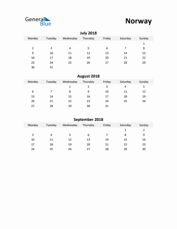 Printable Quarterly Calendar with Notes and Norway Holidays- Q3 of 2018