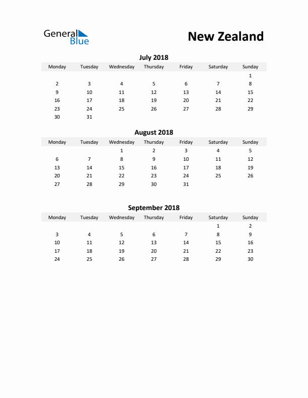 Printable Quarterly Calendar with Notes and New Zealand Holidays- Q3 of 2018