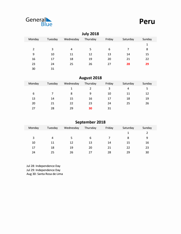 Printable Quarterly Calendar with Notes and Peru Holidays- Q3 of 2018