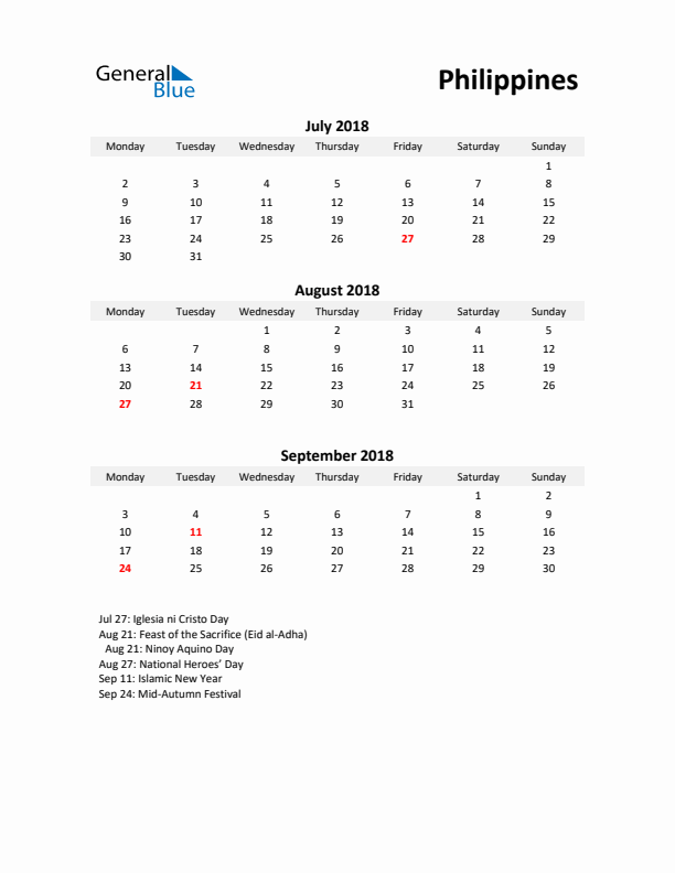 Printable Quarterly Calendar with Notes and Philippines Holidays- Q3 of 2018