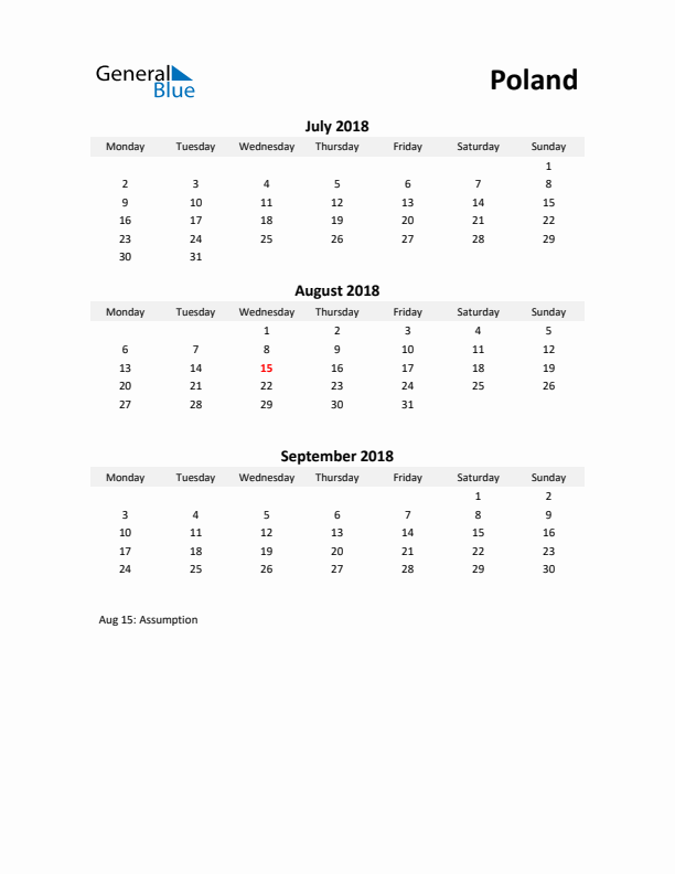 Printable Quarterly Calendar with Notes and Poland Holidays- Q3 of 2018