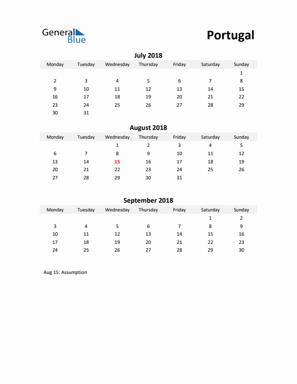 Printable Quarterly Calendar with Notes and Portugal Holidays- Q3 of 2018