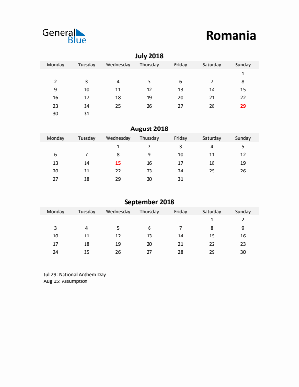 Printable Quarterly Calendar with Notes and Romania Holidays- Q3 of 2018