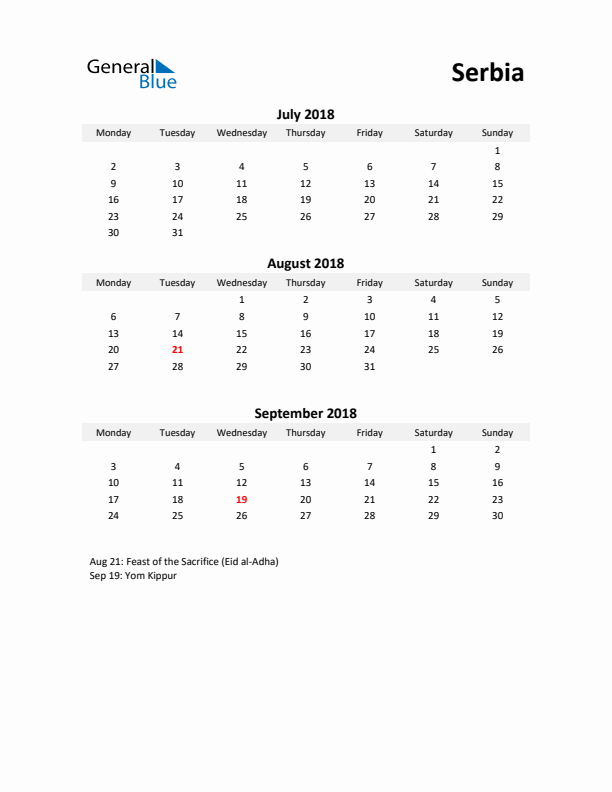 Printable Quarterly Calendar with Notes and Serbia Holidays- Q3 of 2018