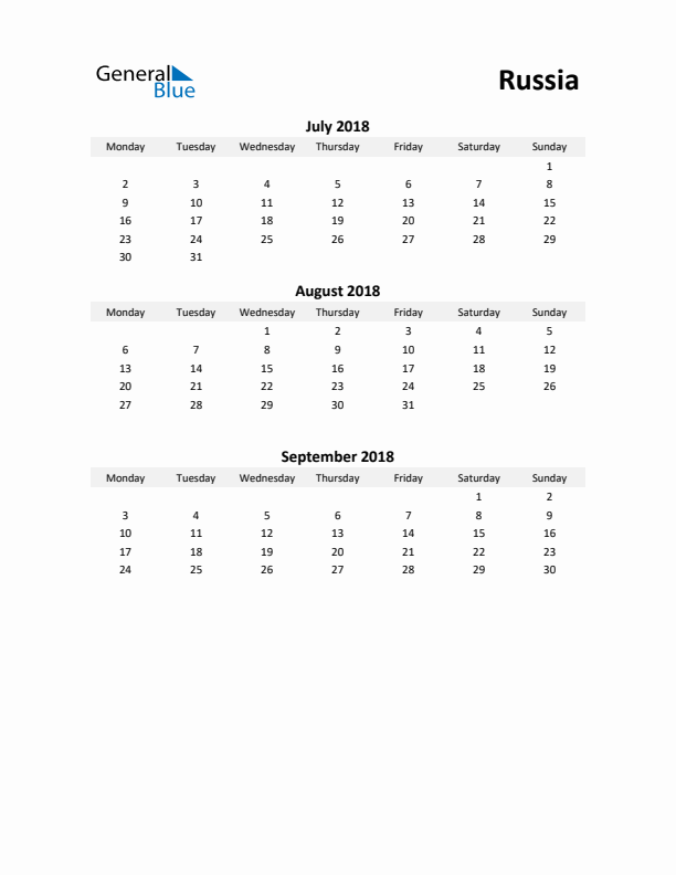 Printable Quarterly Calendar with Notes and Russia Holidays- Q3 of 2018