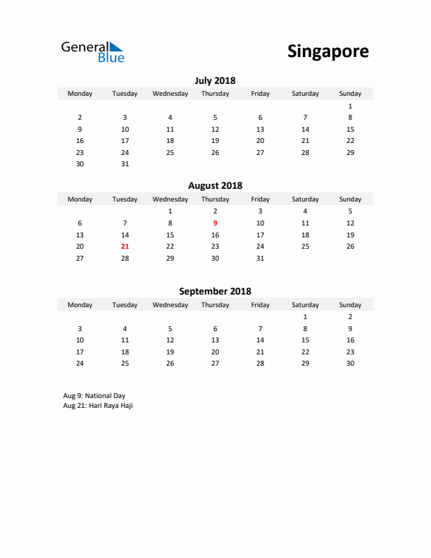 Printable Quarterly Calendar with Notes and Singapore Holidays- Q3 of 2018