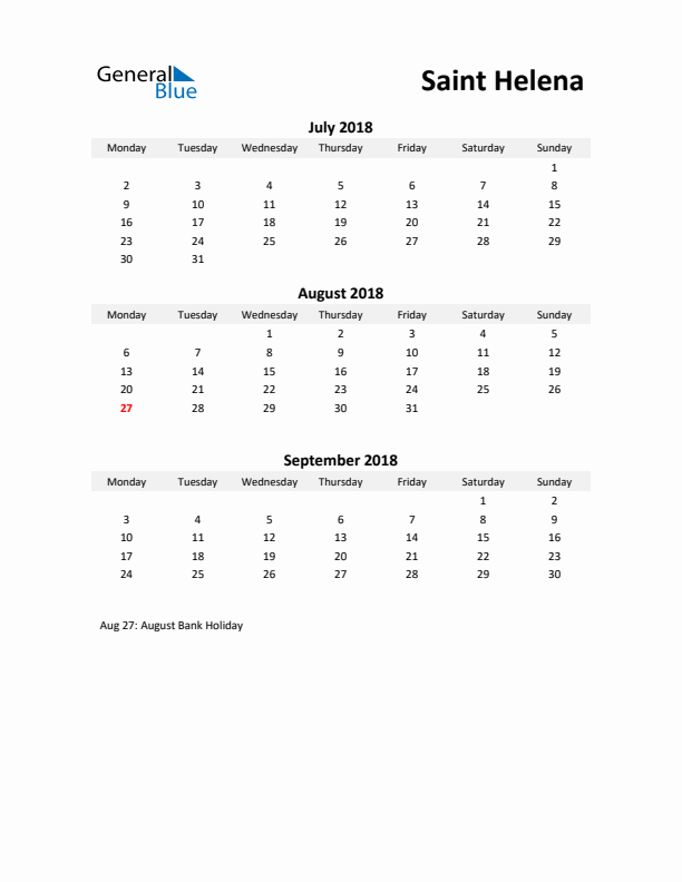 Printable Quarterly Calendar with Notes and Saint Helena Holidays- Q3 of 2018