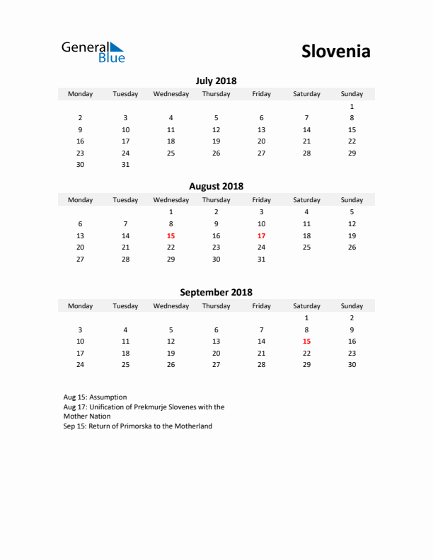 Printable Quarterly Calendar with Notes and Slovenia Holidays- Q3 of 2018