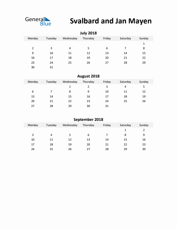 Printable Quarterly Calendar with Notes and Svalbard and Jan Mayen Holidays- Q3 of 2018