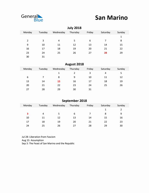 Printable Quarterly Calendar with Notes and San Marino Holidays- Q3 of 2018