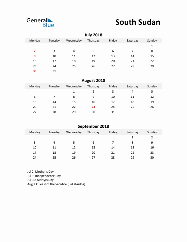 Printable Quarterly Calendar with Notes and South Sudan Holidays- Q3 of 2018