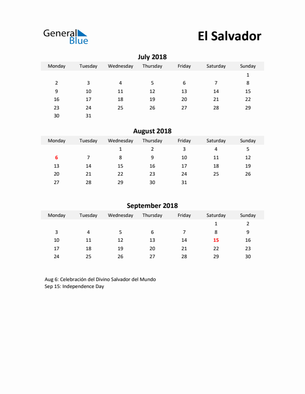 Printable Quarterly Calendar with Notes and El Salvador Holidays- Q3 of 2018