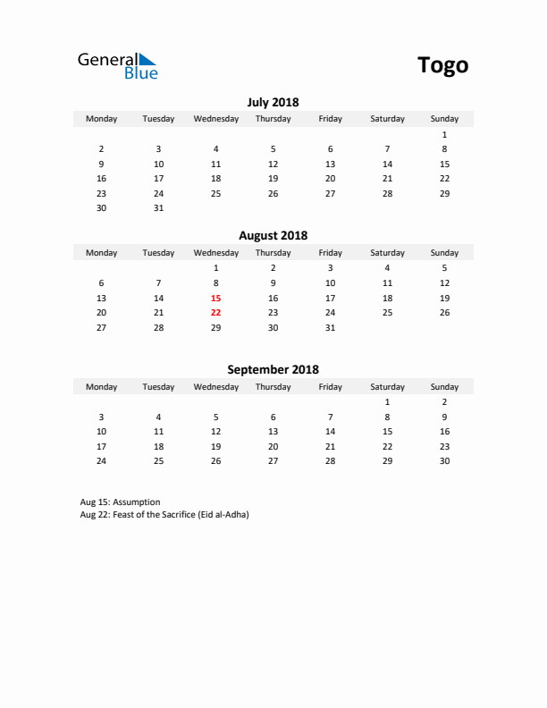 Printable Quarterly Calendar with Notes and Togo Holidays- Q3 of 2018