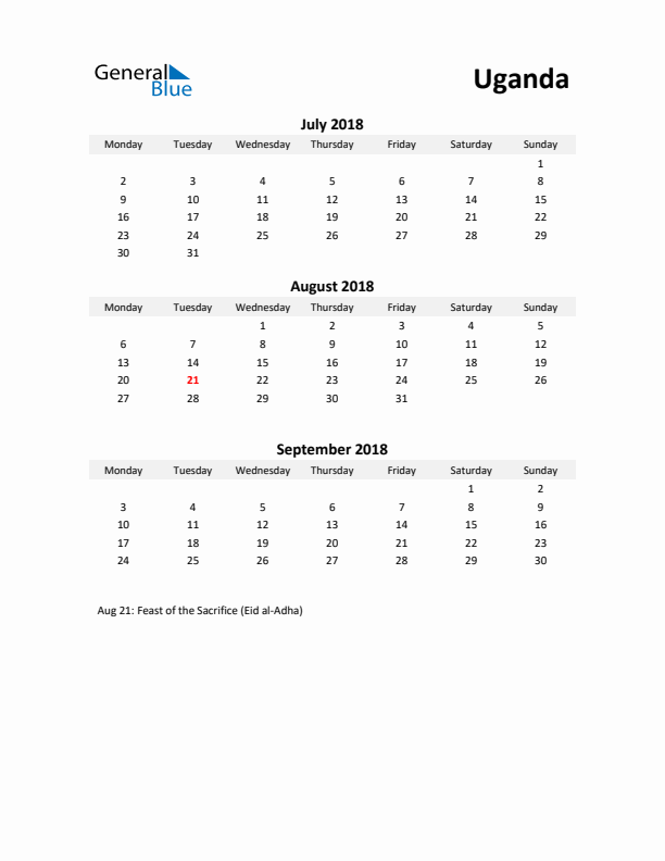 Printable Quarterly Calendar with Notes and Uganda Holidays- Q3 of 2018