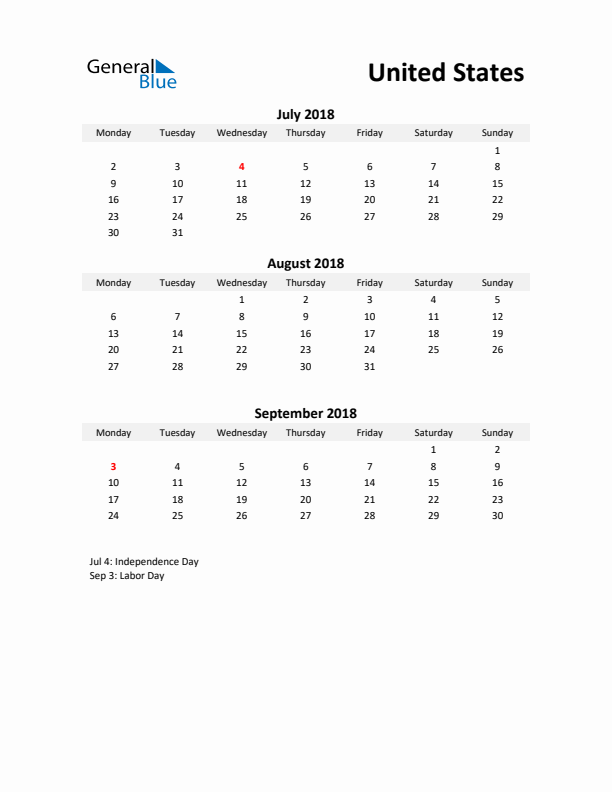 Printable Quarterly Calendar with Notes and United States Holidays- Q3 of 2018