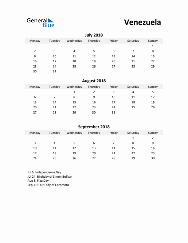 Printable Quarterly Calendar with Notes and Venezuela Holidays- Q3 of 2018