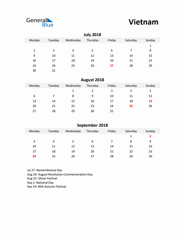 Printable Quarterly Calendar with Notes and Vietnam Holidays- Q3 of 2018