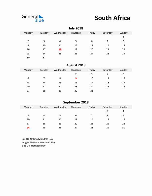 Printable Quarterly Calendar with Notes and South Africa Holidays- Q3 of 2018