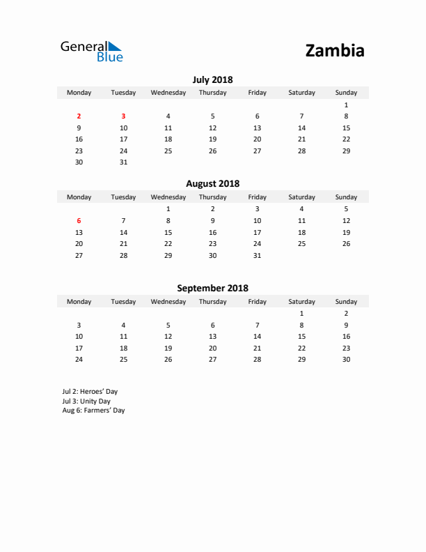 Printable Quarterly Calendar with Notes and Zambia Holidays- Q3 of 2018