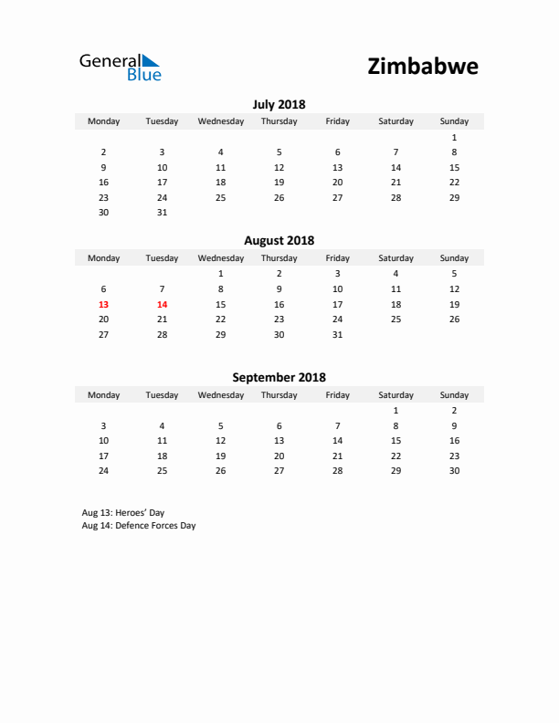 Printable Quarterly Calendar with Notes and Zimbabwe Holidays- Q3 of 2018