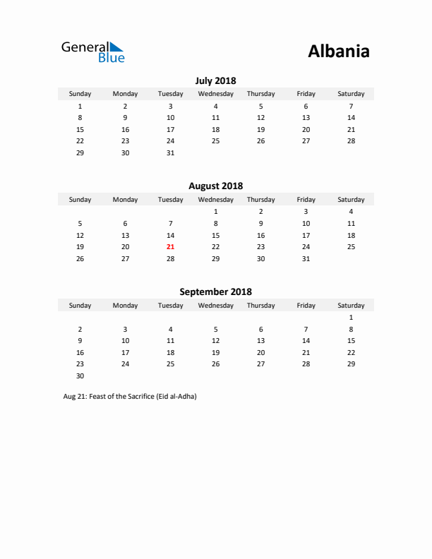 Printable Quarterly Calendar with Notes and Albania Holidays- Q3 of 2018