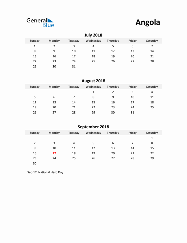 Printable Quarterly Calendar with Notes and Angola Holidays- Q3 of 2018