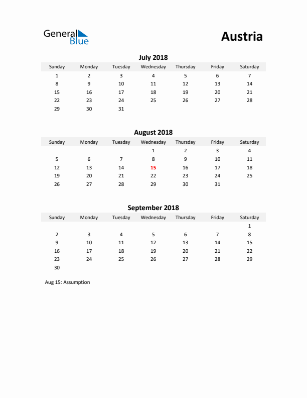 Printable Quarterly Calendar with Notes and Austria Holidays- Q3 of 2018