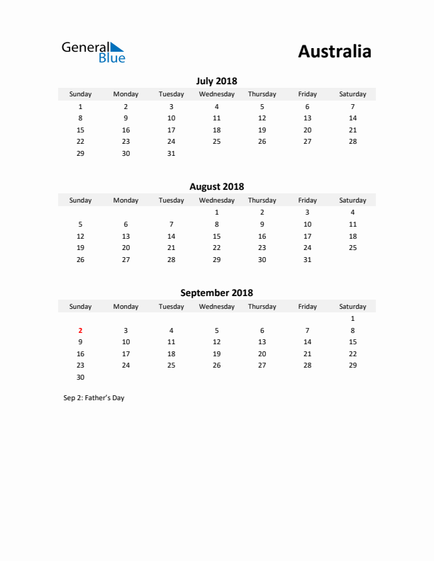 Printable Quarterly Calendar with Notes and Australia Holidays- Q3 of 2018