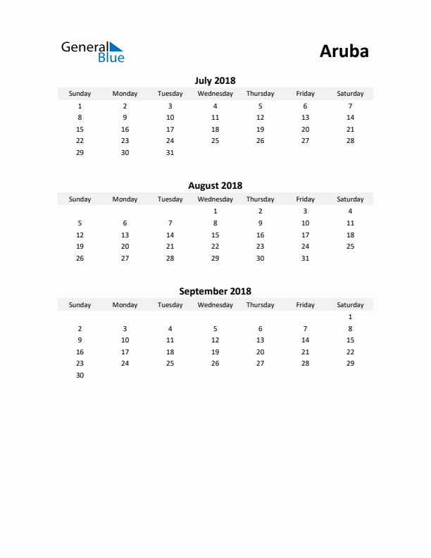 Printable Quarterly Calendar with Notes and Aruba Holidays- Q3 of 2018