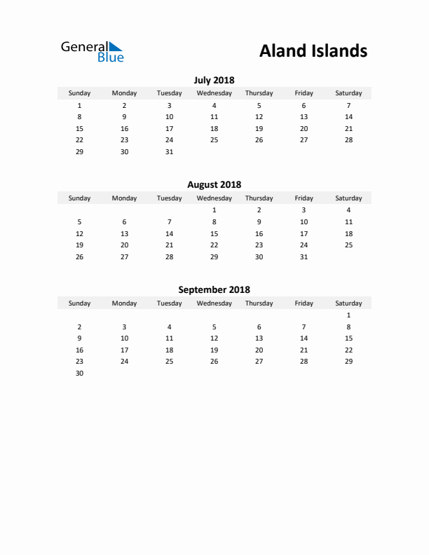 Printable Quarterly Calendar with Notes and Aland Islands Holidays- Q3 of 2018