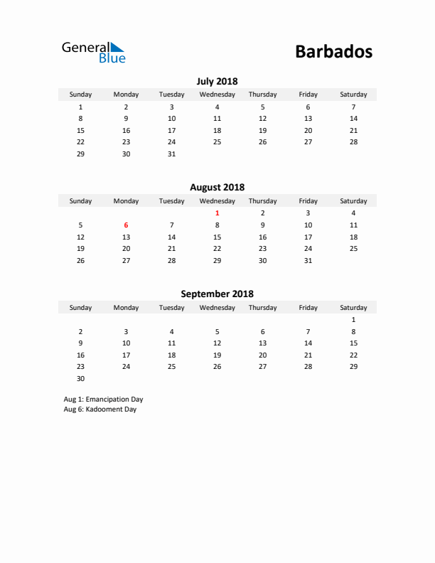 Printable Quarterly Calendar with Notes and Barbados Holidays- Q3 of 2018