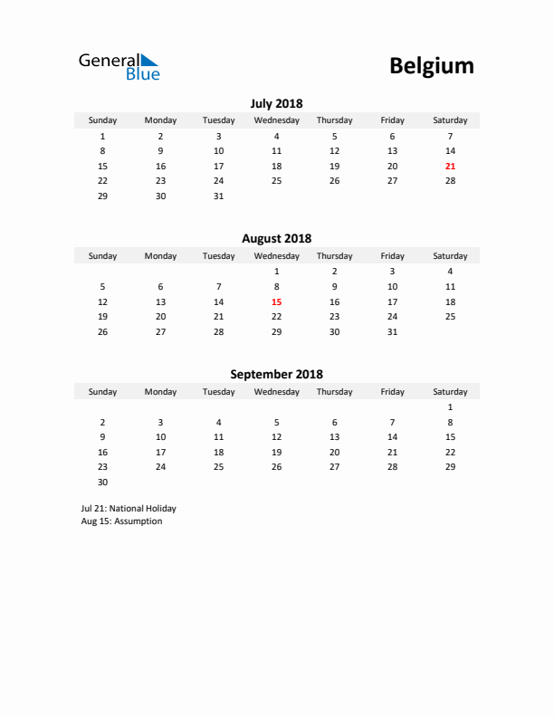 Printable Quarterly Calendar with Notes and Belgium Holidays- Q3 of 2018