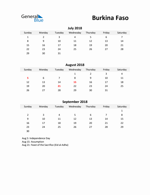 Printable Quarterly Calendar with Notes and Burkina Faso Holidays- Q3 of 2018