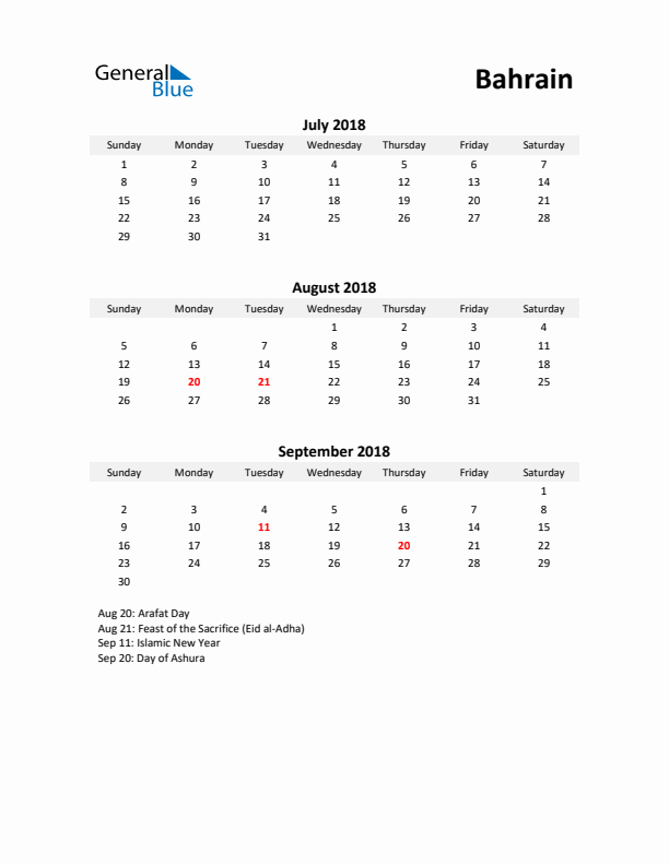 Printable Quarterly Calendar with Notes and Bahrain Holidays- Q3 of 2018