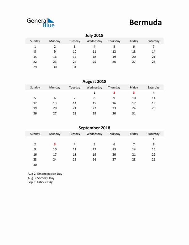 Printable Quarterly Calendar with Notes and Bermuda Holidays- Q3 of 2018