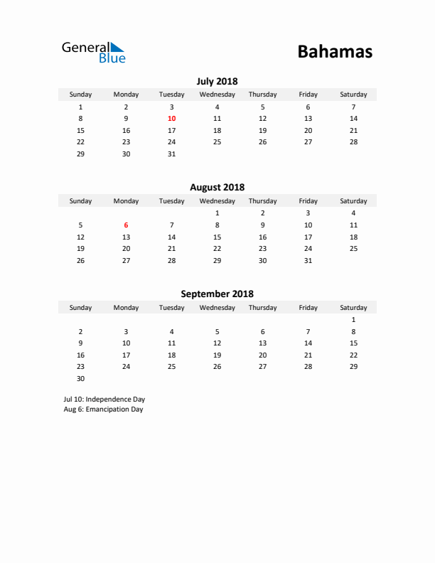 Printable Quarterly Calendar with Notes and Bahamas Holidays- Q3 of 2018