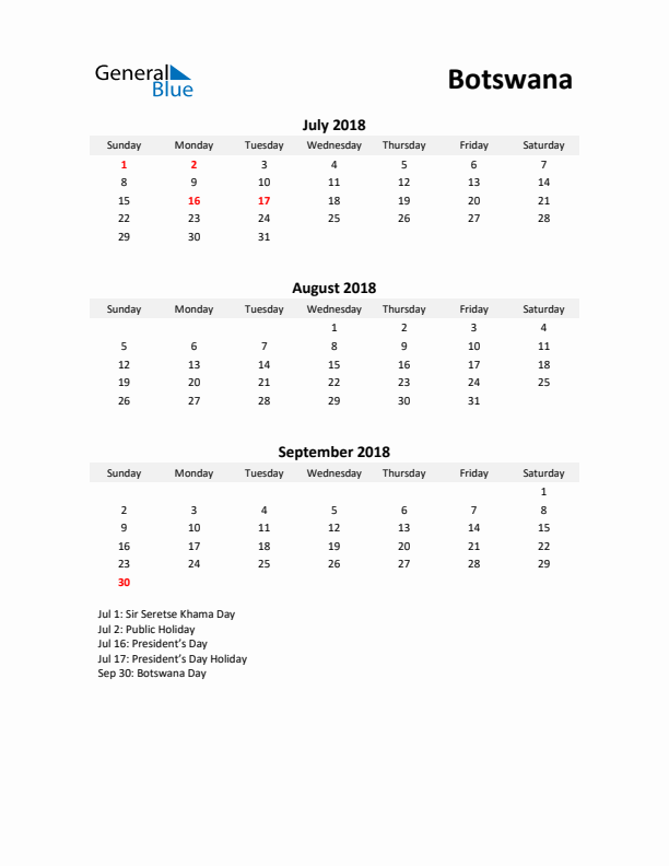 Printable Quarterly Calendar with Notes and Botswana Holidays- Q3 of 2018