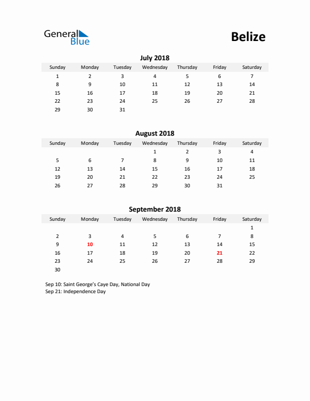 Printable Quarterly Calendar with Notes and Belize Holidays- Q3 of 2018